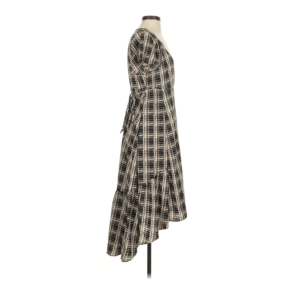 Urban Outfitters Black Cream Plaid Wrap Dress High Low Ruffle Midi Womens Medium - Picture 3 of 6